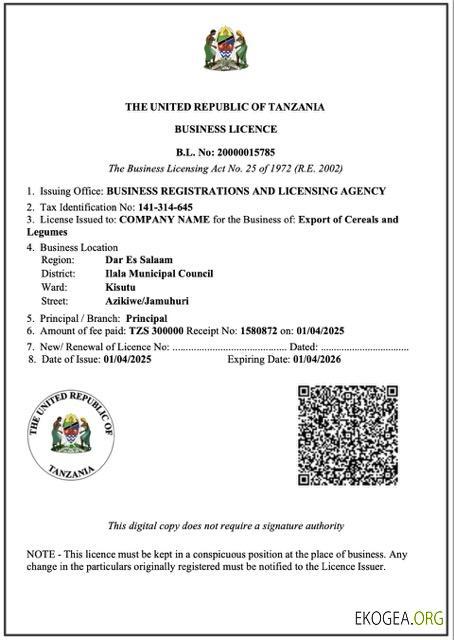 Modèle Word et PDF de licence commerciale en Tanzanie